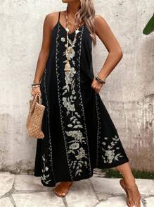 SHEIN Holidaya Plus Size Women Floral Embroidery Print Loose Maxi Slip Dress, Casual For Daily, Commute, Holiday, Summer - Multicolor - View 5
