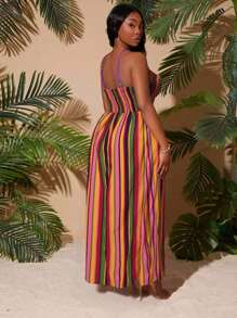 SHEIN SXY 大码女式性感彩色条纹面料撞色紫色腰带装饰交叉肩带阔腿连体裤，适合早春、春夏季、雨林、海滩派对、海边度假、篝火晚会，凉爽轻盈，修身版型，穿着舒适，易于搭配且看起来苗条，凸显您的身材，凸显身材 - 彩色 - 查看 2