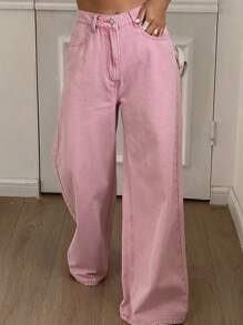 Livesso Women's Casual/Business Relaxed Fit Solid Color Denim Pants, Summer New Style Women Jeans - Pink - View 8