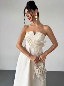 Firerie Women Elegant Embellished Floral Halter High Waist A-Line Dress, Suitable For Party, Wedding, Vacation, Summer Dresses For Wedding Event - Apricot - View 7