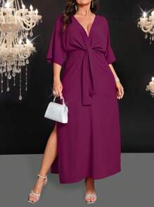 SHEIN Belle Plus Size Solid Color Deep V-Neck Cinched Waist Long Dress, Suitable For Summer - Purple - View 6
