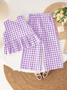 SHEIN LMoss Kids Tween Girls Woven Plaid Cute Ruffled Back Cross Sleeveless Loose Top And Loose Casual Trousers Two Pieces Set, Mint Green, Suitable For Spring Outings, Casual Pastoral Style, Casual Outings,Back To School - Purple - View 4