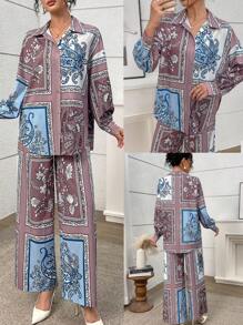 Seusyu 2pcs Women Patchwork Print Long Sleeve Shirt & Long Pants Set - Multicolor - View 1