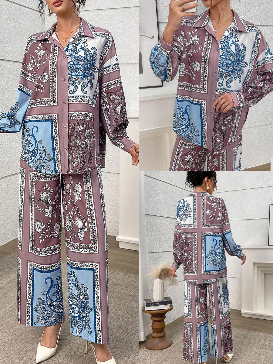 Seusyu 2pcs Women Patchwork Print Long Sleeve Shirt & Long Pants Set - Multicolor - View 1
