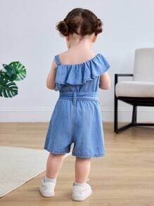 SHEIN Baby Girl Blue Ruffle Asymmetric Collar Rompers,Kid Girls Spring And Summer Casual Vacation Country Boho Wear, Beach Outfits For Kid Girls, Spring Break Easter Outfits - Light Wash - View 2