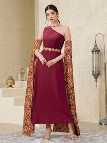 Al Najma Women's Floral Print Asymmetric Neck Elegant Arabic Style Dress