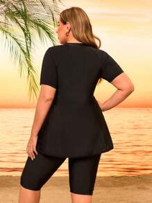 Swim Mulvari 2pcs Plus Size Women Solid Color Short Sleeve Shorts With Skirt Two Pieces Modest Swimwear For Summer Beach Vacation