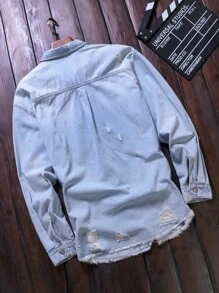 Manfinity LEGND Plus Size Men's Long Sleeve Single-Breasted Ripped Casual Pocket Denim Jacket