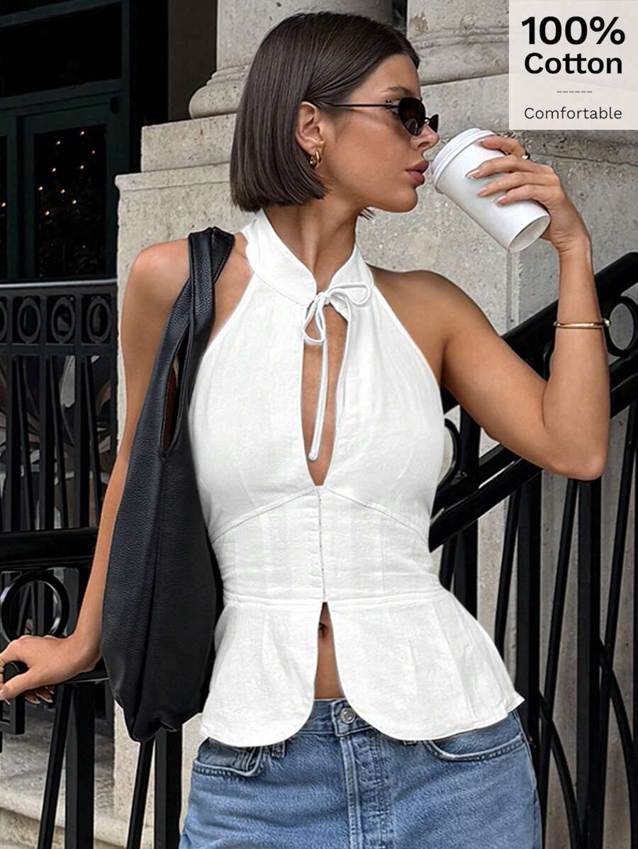 Siren Gaze Women's Tie Neck Slim Fit Hollow Out Halter Tank Top, Open Slit Front Blouse For Outgoing Party Chic White Summer - White - View 1