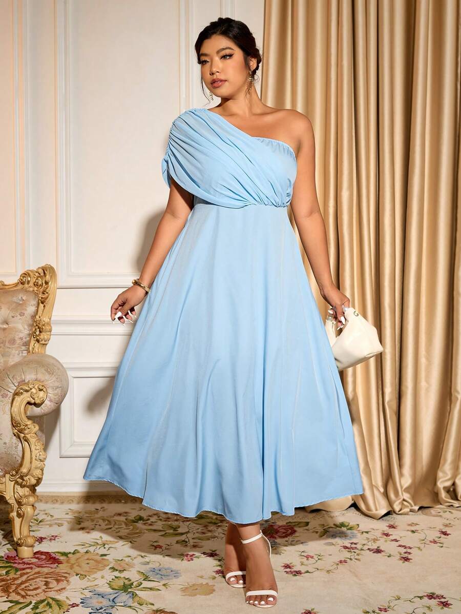 Cravure 大码女式优雅露肩雪纺腰泡泡袖长裙，舞会礼服 - 藍色 - 查看 1