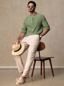 Manfinity VCAY 男士休闲褶皱面料修身立领长袖衬衫，适合日常穿着 - 綠色 - 查看 3