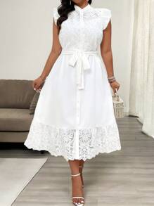 SHEIN Clasi Plus Size Lace Patchwork Tie-Up Solid Color Midi Dress