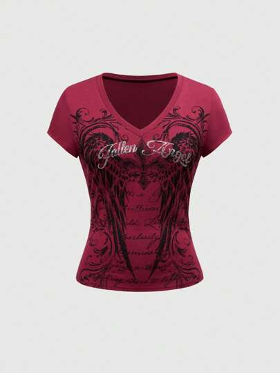 Grunge Punk Maglietta aderente da donna con stampa di ali stile grunge, con decorazioni in strass