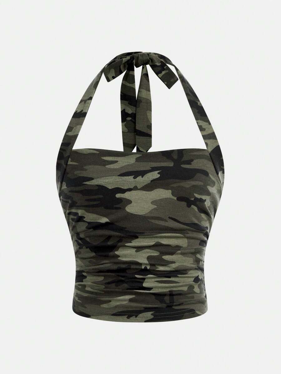 SHEIN Girlism 青少年女孩休闲简约舒适皱领束腰迷彩挂脖上衣 - 軍綠色 - 查看 1