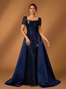 Serin Elegant Luxurious Sheer Sleeve Beaded Sequin Ruched Splice Detachable Satin A-Line Mermaid Dress, Suitable For Wedding, Party, Honeymoon, Ball, Bridal Mother Dress - Navy Blue - View 6