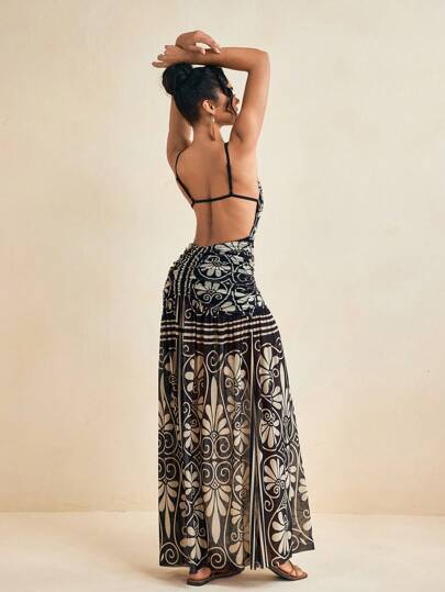 JIAN LASALA Women Multicolor All Over Print Backless Sexy Spaghetti Strap Sleeveless Maxi Dress For Summer Vacation Evening Dress Wedding Guest Luxury Stylish Clothing Collection
