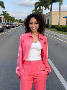 SHEIN 2 件套青少年女孩时尚紫红色上衣和紫红色裤子，休闲装 - 玫紅色 - 查看 1