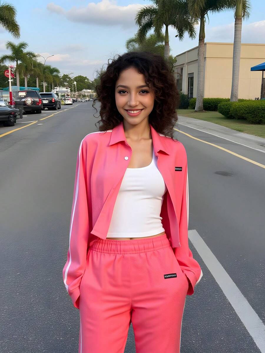 SHEIN 2 件套青少年女孩时尚紫红色上衣和紫红色裤子，休闲装 - 玫紅色 - 查看 1