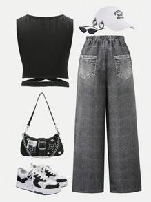 SHEIN 2pcs Teen Girls Casual Street Graffiti Print Denim Effect Wide Leg Pants + Cross Knitted Vest Set, Basic Outfit