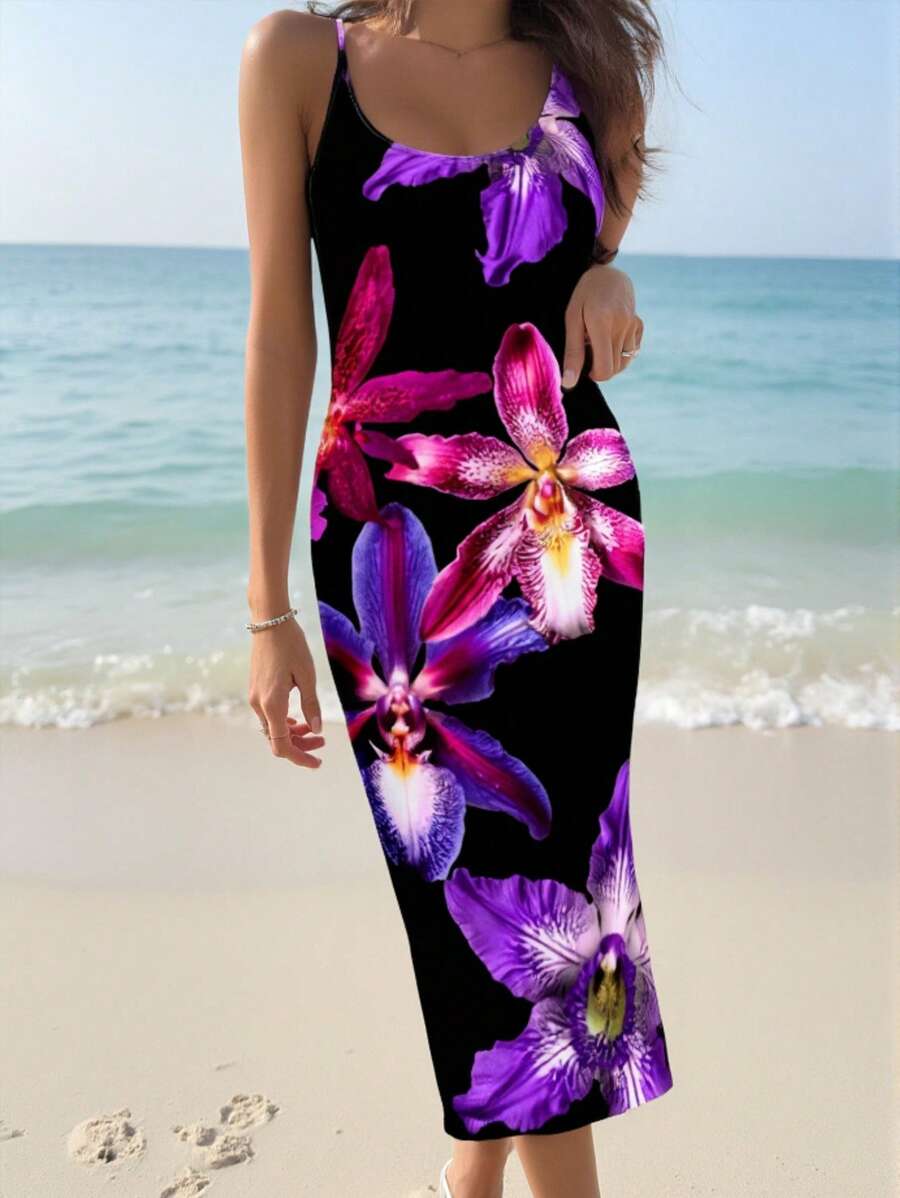 SHEIN EZwear 休闲简约度假紫色花卉印花紧身吊带长裙,适合夏季 - 彩色 - 查看 1