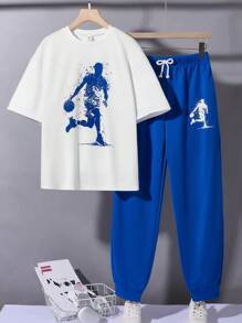 SHEIN 2 件套青少年男孩休闲短袖 T 恤和长裤运动裤套装，街头潮流朋克摇滚学院风，适合休闲、派对、音乐节、春夏，适合打篮球、运动