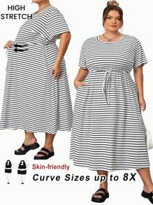 SHEIN CURVE+ 大码女式夏季休闲黑色腰带下摆（带口袋）长款宽松短袖连衣裙，Curve Plus，波西米亚风度假海滩装，女士/沙滩裙/海滩度假装/海滩必备品/毕业/茶会礼服 - 黑與白 - 查看 8