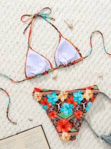 Swim Vcay Conjunto de traje de baño con estampado de leopardo y floral para vacaciones de primavera 2025 - Multicolor - Ver 2