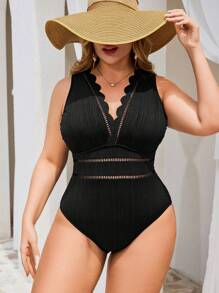 Swim Chiccia Plus Size Women's Solid Color Textured V-Neck Hollow Out Lace Trim Swimwear, Casual Beachwear For Vacation & Daily Wear For Summer - Black - View 6