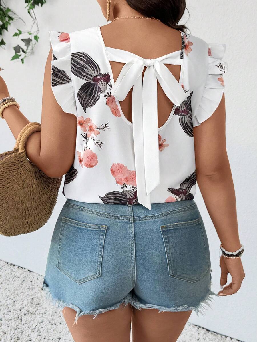 SHEIN Frenchy Plus Size Bowknot Flower Printed Shirt - Multicolor - View 1