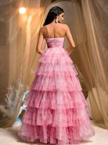 优雅浪漫粉色网眼数码印花 V 领胸部扭纹设计性感开衩连衣裙适合毕业典礼约会单身派对度假正式场合晚礼服、长袍、晚会、婚礼宾客 - 粉色 - 查看 3