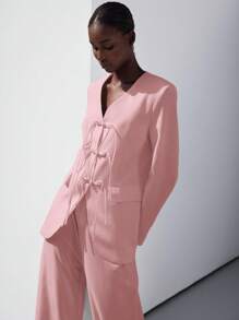 SHEIN Privé Áo khoác Blazer dáng rộng thiết kế cài nút phong cách Trung Hoa - Hồng - Xem 4