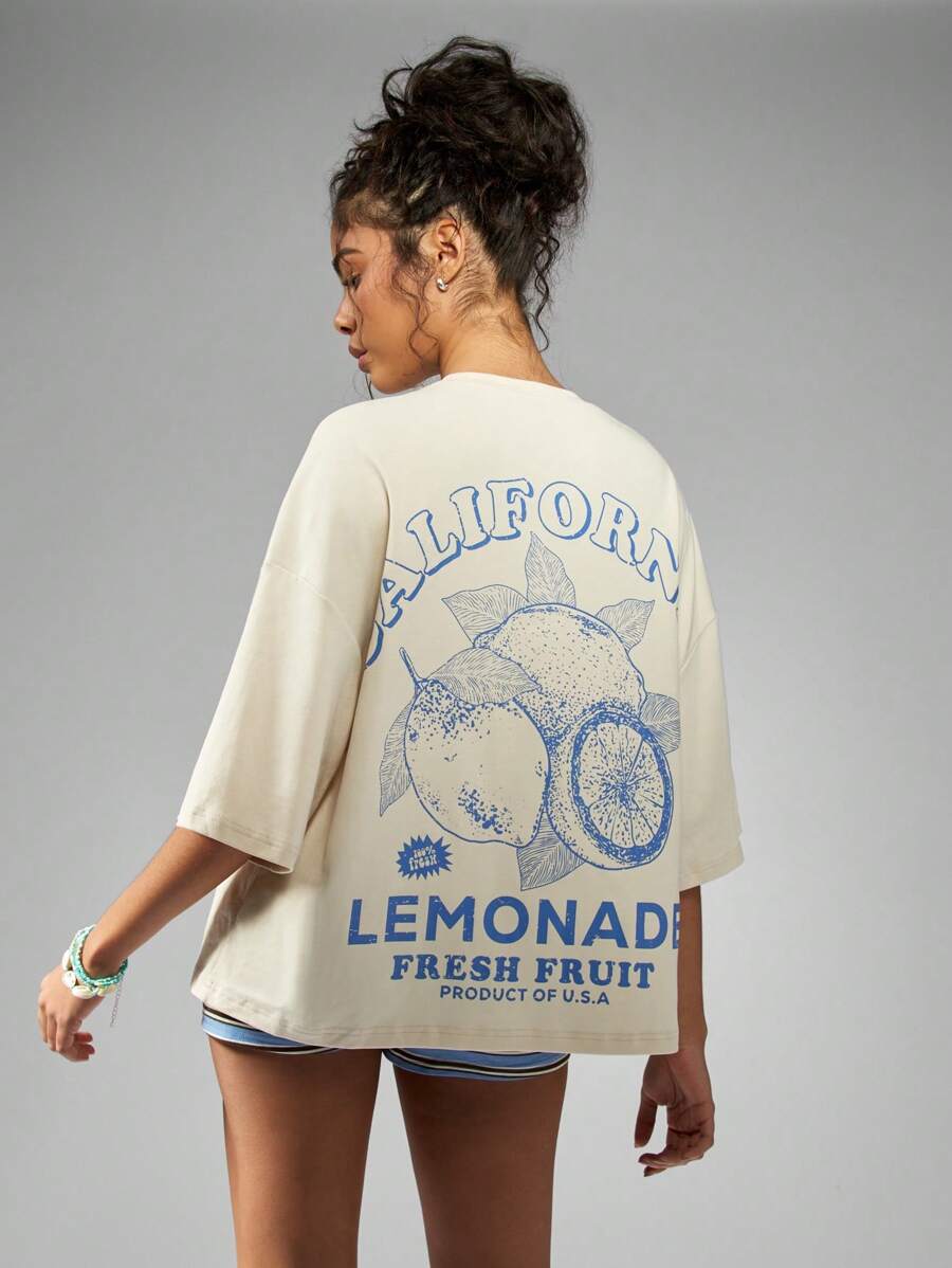 MISSGUIDED 超大加州新鲜柠檬水T恤夏季休闲水果印花图形T恤海滩假日节日街头服饰棉混纺宽松版型 - 米色 - 查看 1