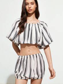 GENKIRA Nouveau style français Vintage Décontracté Sexy Ensembles casual pour femmes avec Top court à manches pétales froissées à col rond rayé et jupe à taille élastique, Tenue de plage - Multicolore - Voir 3