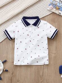 Souflis Souflis 幼儿男童休闲条纹装饰半开襟纽扣 Polo 衫，适合居家、日常穿着、旅行、夏季，3 个月至 3 岁 - 彩色 - 查看 2