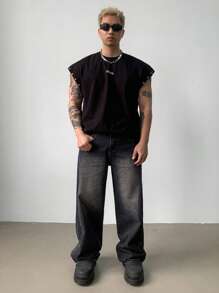 DAZY Men's Spring Solid Black Washed Dark Style Jeans - Black - View 3
