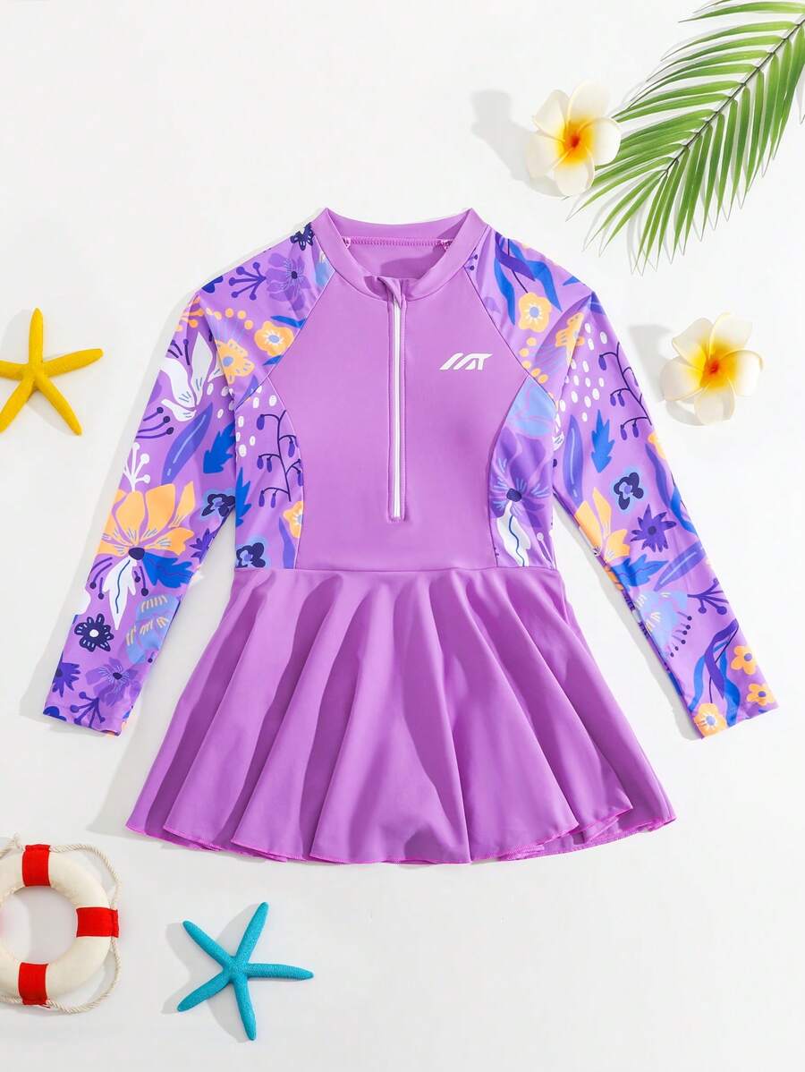 Tween Girl Floral Print Half Zip One-Piece Swimsuit - Violet Purple - View 1