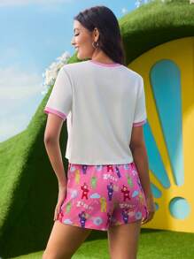 Teletubbies X SHEIN Women's Summer Contrast Trim Cartoon Graphic Top & Shorts Pajama Set - Pink - View 2