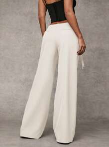 SHEIN BAE Quần ống rộng, quần ống rộng, quần đi làm, quần dài hàng ngày, quần ống rộng, quần ống rộng thoải mái, quần rộng rãi, quần dài hàng ngày - Màu be - Xem 2
