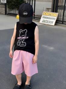 SHEIN 2pcs/Set Young Boy Pink Wide-Leg 3/4 Pants + Black Bear Pattern Sleeveless Top - Black - View 1