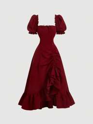 SHEIN MOD 와인 레드 퍼프 슬리브 허리 묶음 분할 헴 미디 드레스