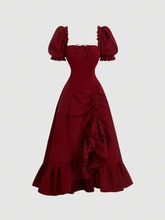 SHEIN MOD Wine Red Puff Sleeve Tied Waist Split Hem Midi Dress,Summer Dresses For Women,Vacation,Party,Tea Party Dress,Vintage Dress,Tea Party Dress,Going Out Dress,Women Dresses Prom,Ruched Dress,Red Dress