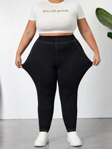 SHEIN CURVE+ Mallas ceñidas informales elásticas con pespuntes visibles para mujer tallas grandes, transpirables que absorben la humedad, para verano, con curvas, para vacaciones Hoho