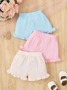 Souflis 3pcs/Set Baby Girl Casual Loose Comfy Shorts Set, Soft & Skin-Friendly Hollow-Out Floral Textured Knitted Elastic Waist Ruffle Trim, Pink & White Solid Color, Multi Color Options, High Cost-Effective, Suitable For Spring/Summer Home/Outing/Vacation - Multicolor - View 2