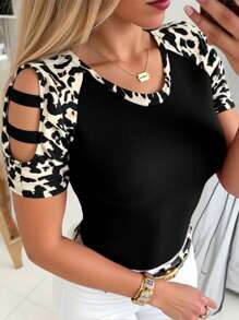 SHEIN LUNE 性感拼色镂空袖豹纹休闲修身黑色性感上衣，时尚夏季女式 T 恤 - 彩色 - 查看 1