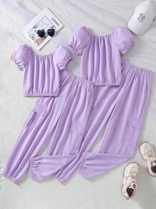 Girls Knit Sweatsuit Set,Purple,Summer,Casual,School Soft Stretchy Fabric Square Neckline Puff Sleeves Top & Pants Everyday Outfit - Purple - View 4