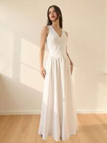 Firerie Long White Lace Patchwork V-Neck Asymmetrical Waist A-Line Dress For Women, Suitable For Commuting, Elegant, Sexy, Vacation, Beach, Hawaii, Romantic, Dating, Valentine's Day, Concerts, Wedding Season - White - View 3