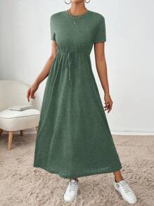 SHEIN Essnce 女式简约纯色圆领抽绳腰短袖连衣裙，夏季 - 綠色 - 查看 4