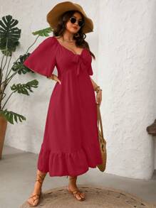 SHEIN Clasi Plus Size 3D Cut-Out Flare Hem Short Sleeve Dress - Red - View 7
