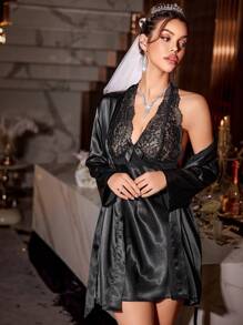 Women Lace Patchwork Sexy Faux Silk Halter Nightdress + Robe Sleepwear Set