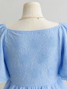 Soleia Women Plus Size Floral Textured Fabric Sweetheart Neck Bowknot Ruffle Short Sleeve A-Line Blouse, Spring Resort - Blue - View 8